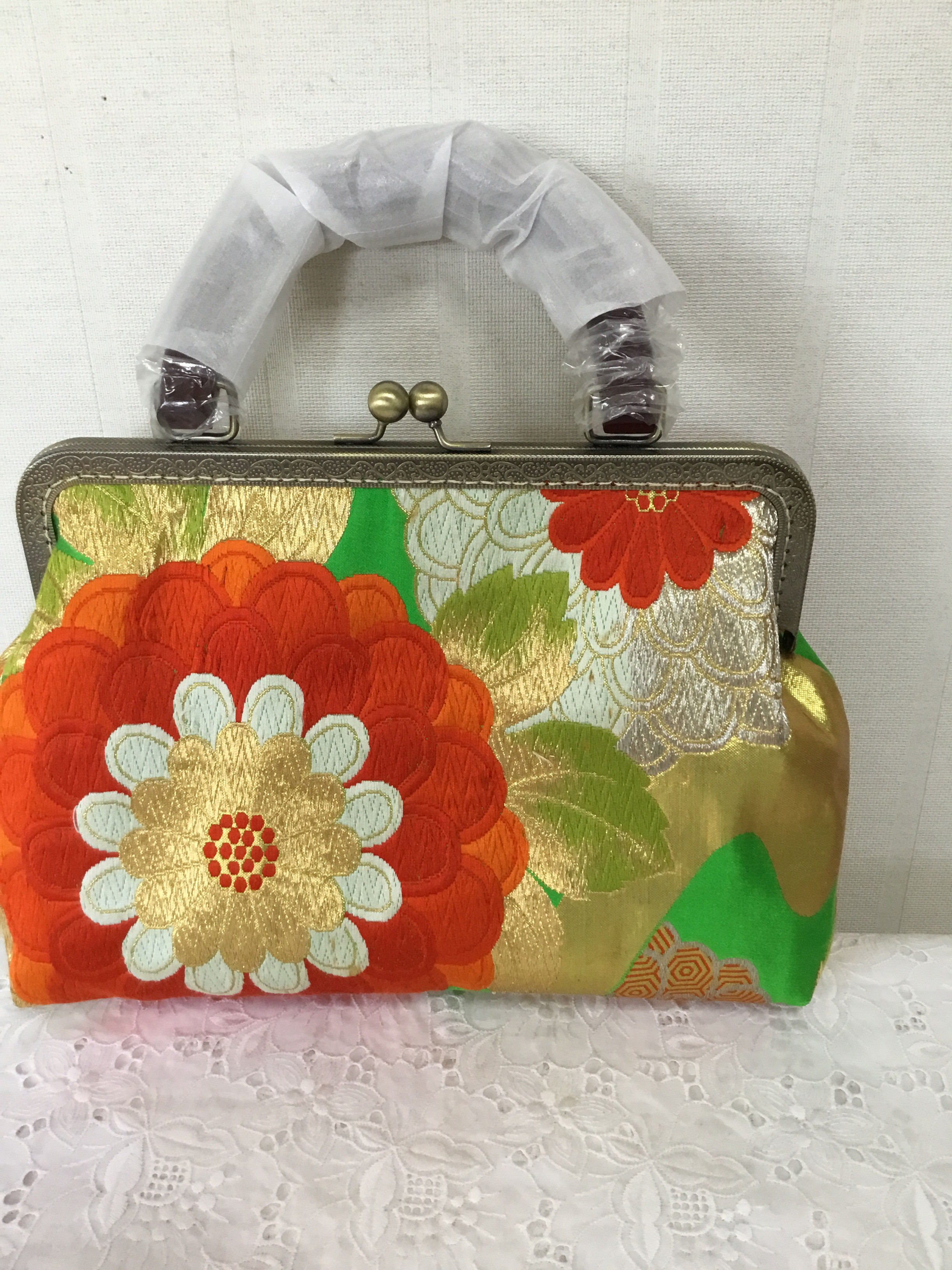 花ぷらら・ハンドメイド・リメイク・帯・カバン・がま口バック・木の持ち手・25センチ口金・151