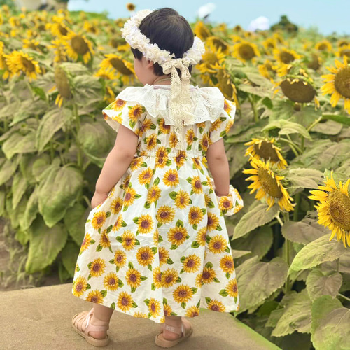 レース襟のひまわり柄 夏ワンピース ホワイト 90サイズ 子供服 sa*na