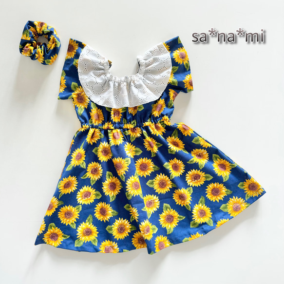 ハンドメイド★キイロ。ひまわり柄ワンピース★ぬいば♡ストラップ用コスチューム スカラー ScoLar ひまわり柄切替ワンピース （ブラック） -靴 着せ替え服・アウトフィット