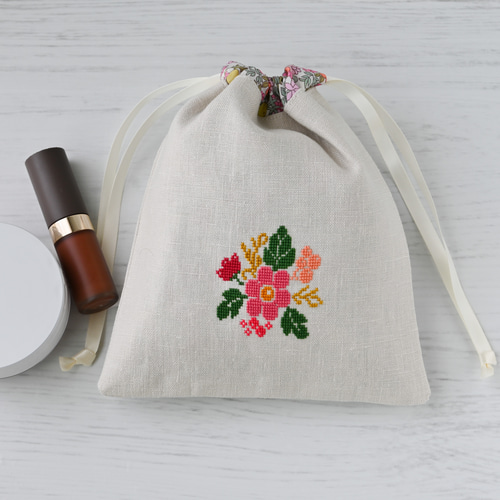 美品】mizutani douguten リネン巾着袋 花刺繍