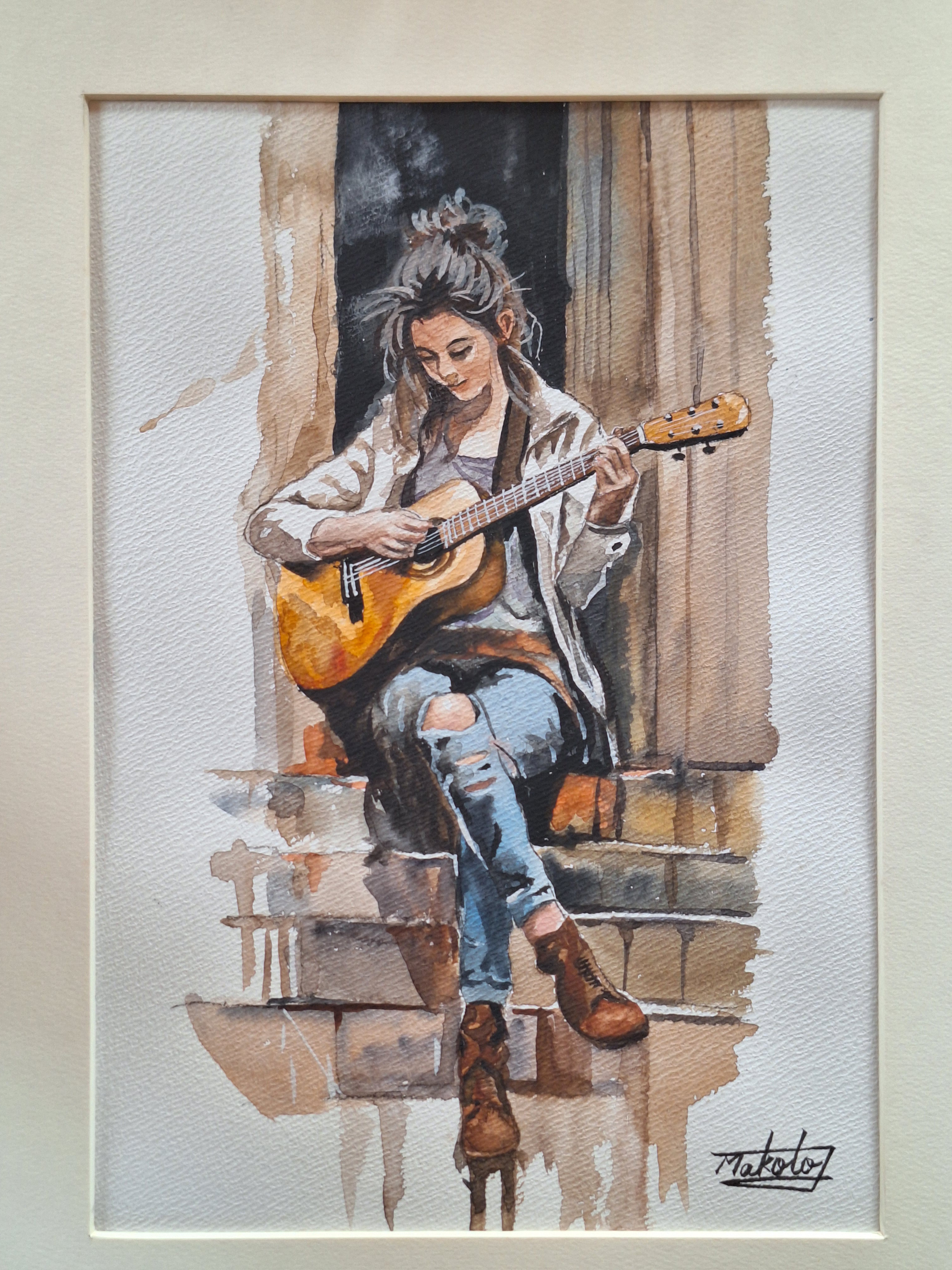 Yoko 油彩画 ギターを弾く女性