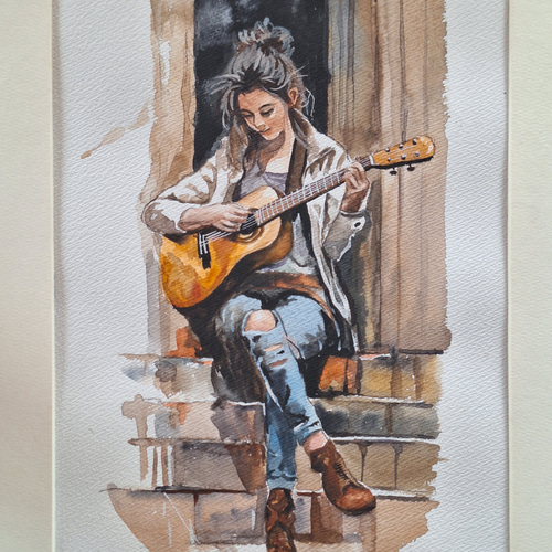 Yoko 油彩画 ギターを弾く女性 Yoko 油彩画 ギターを弾く女性