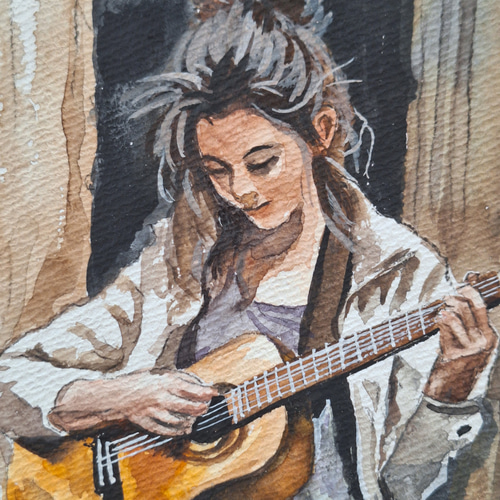 水彩画 ギターを弾く美女 絵画 makochin 通販 17852814｜Creema