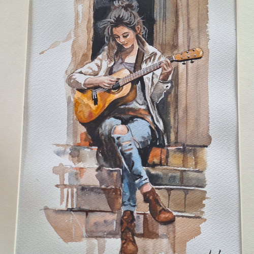 水彩画 ギターを弾く美女 絵画 makochin 通販 17852814｜Creema