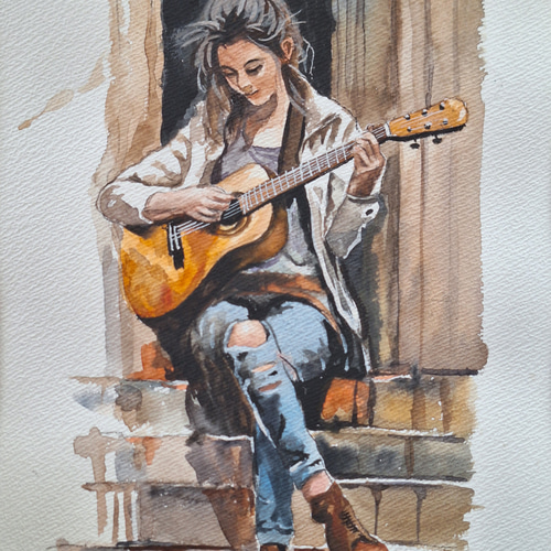 水彩画 ギターを弾く美女 絵画 makochin 通販 17852814｜Creema