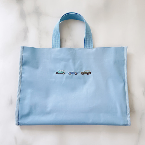 プールバッグ】車の刺繍・水色・トート型・防水・撥水男の子・幼稚園 