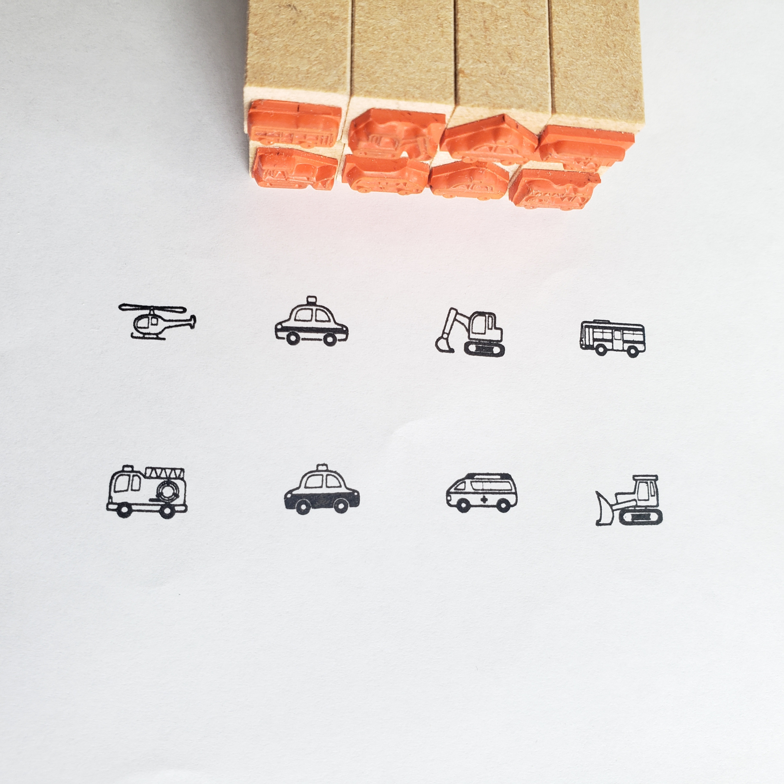 はたらく乗り物1&2 14種ミニスタンプセット(ゴム印)パトカータクシー 消防車 ヘリコプターショベルカーブルドーザー