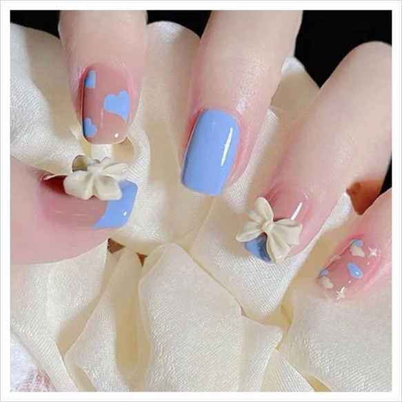 N374》既成ネイルチップ24枚セット 水色 ブルー リボン ハート ゆめ  