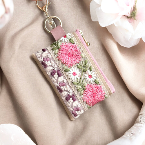 保冷ポーチ/インド刺繍◇キーホルダー付きフラットポーチ/マルチケース