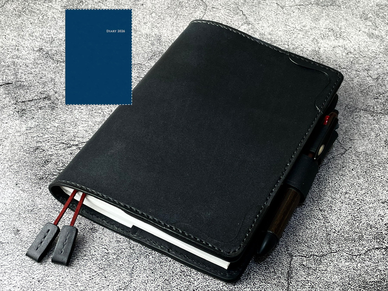 【手縫】高橋手帳A5No.963用ブラック黒色着せ替え本革カバー（バタフライストッパー） 2本しおり付き
