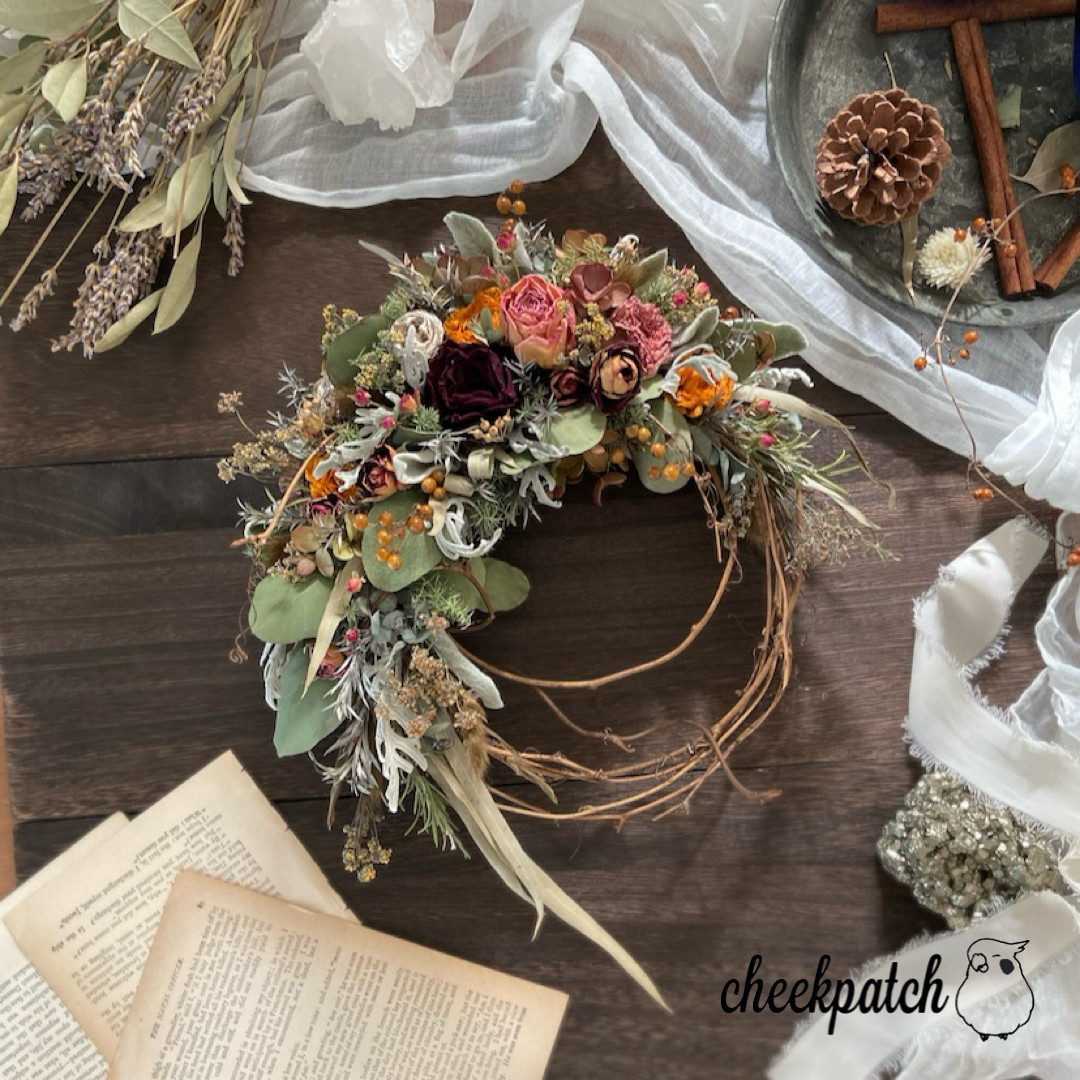アンティークな大人色・ドライフラワーハーフリース リース cheekpatch