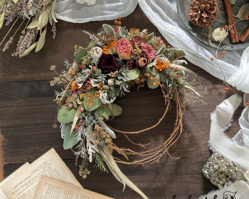 アンティークな大人色・ドライフラワーハーフリース リース cheekpatch