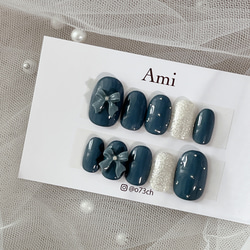 【オーダーページ】ネイルチップ　韓国　ネイビー　リボン　ストーン ネイルチップ＊enoiフラッシュ ネイビー紺 シルバー ガーリー