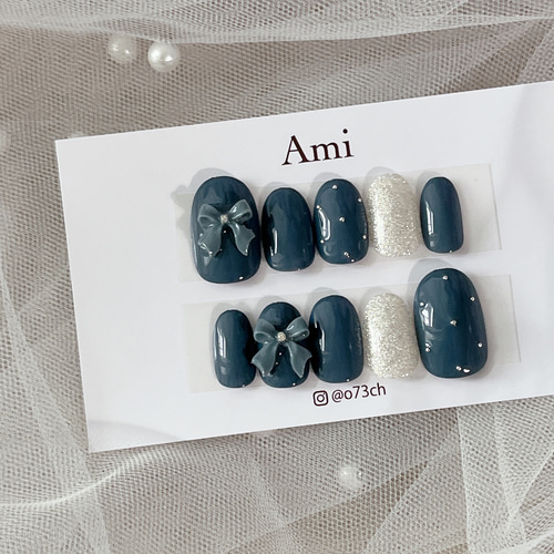 ネイルチップ＊くすみネイビー 紺 ガーリー リボン ドット