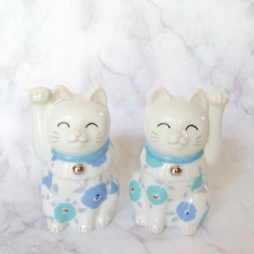 招き猫　ペア　結婚祝い　新築祝い　ハンドメイド　ポーセラーツねこ　縁起物 東京・ポーセラーツ】ポーセラーツで縁起の良い開運の置物・ペア