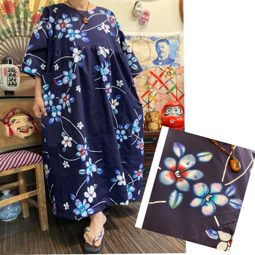 浴衣(花柄)のワンピース 浴衣リメイク ワンピース 着物リメイク 順子 