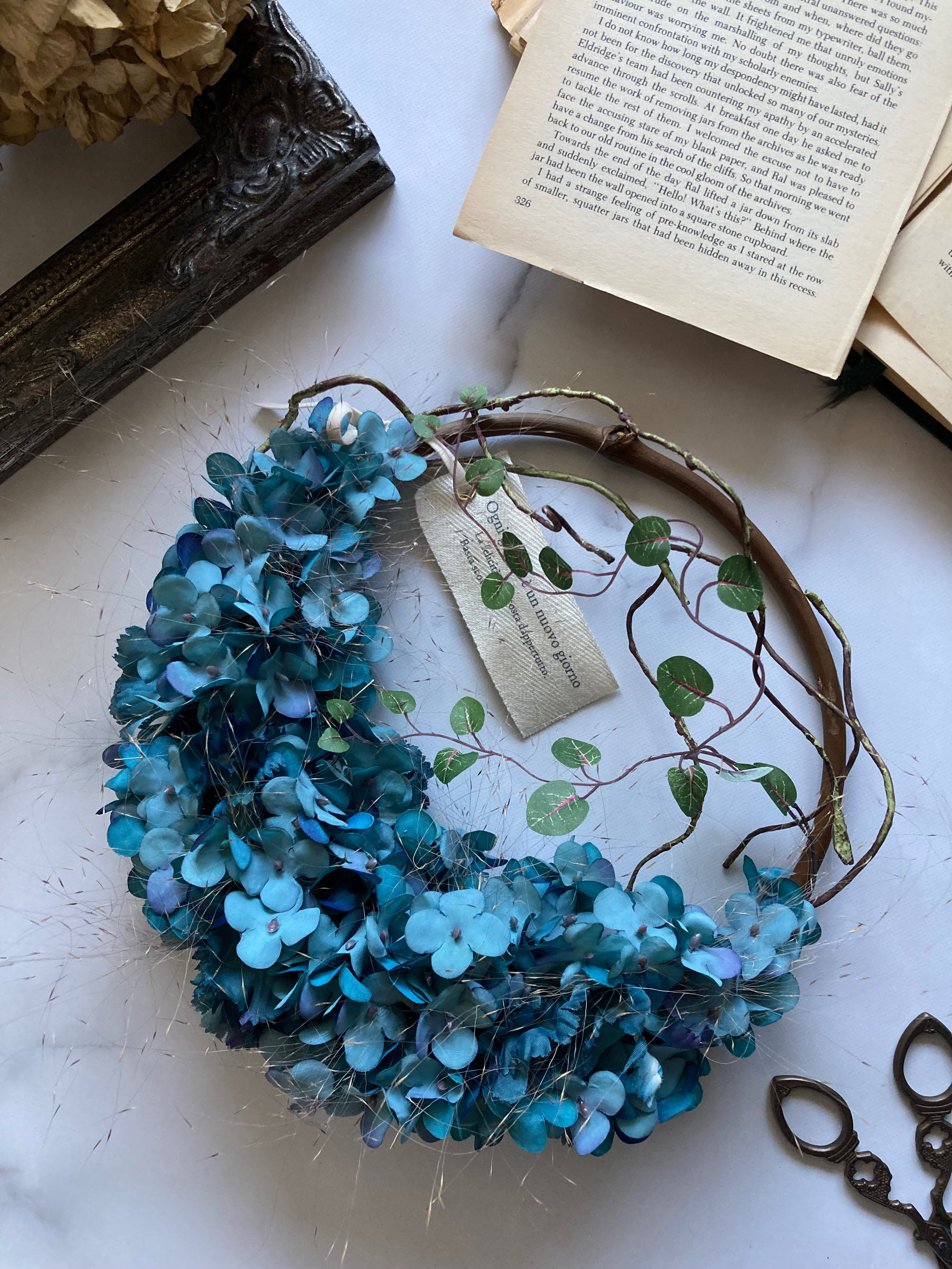 感謝SALEアンティーク紫陽花のブルーオレンジリース矢車菊ブルー