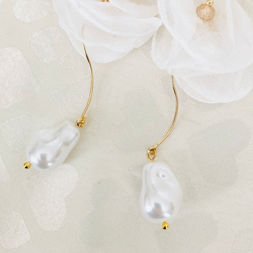 139.ふわふわシフォンフラワー雫型パールピアスイヤリング ピアス
