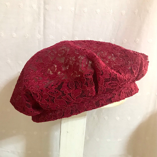 ベレー帽】レースとチュールのフラットベレー ワインレッド ベレー帽