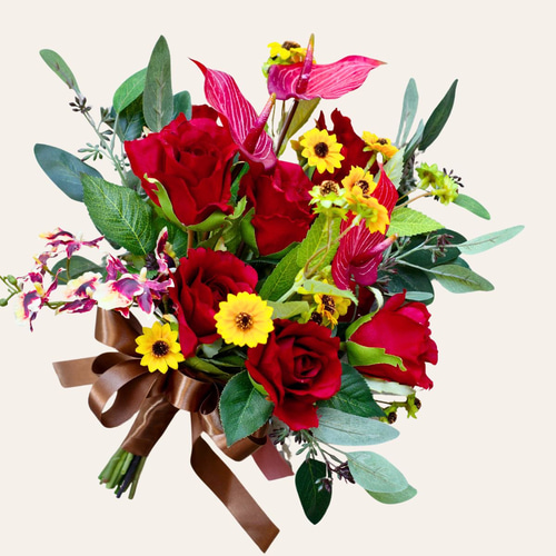 【お買い得！】 赤バラとミニ向日葵のクラッチブーケ ウェディングブーケ 造花 花束・アレンジメント