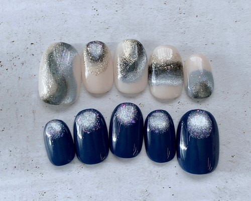 ネイビーマグネット♡ネイルチップ マグネットジェルネイル💅ネイルチップで長さ出し〜ネイル
