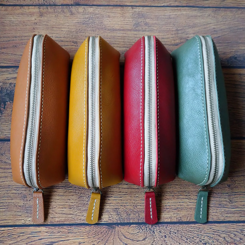 レザーポーチ マスタード 本革ペンケース 黄 筆入れ ペンケース れぽ