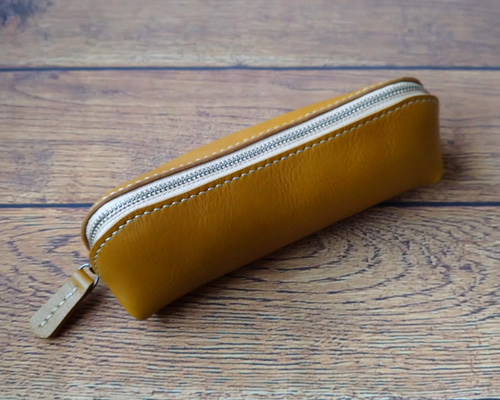 レザーポーチ マスタード 本革ペンケース 黄 筆入れ ペンケース れぽ
