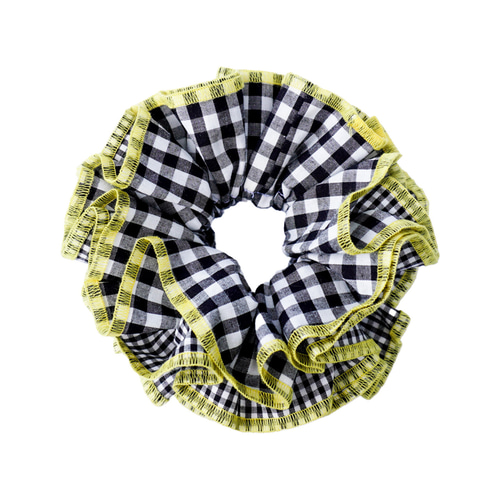 黒ギンガムチェック×黄】4重フリル ビッグシュシュ シュシュ Bit a