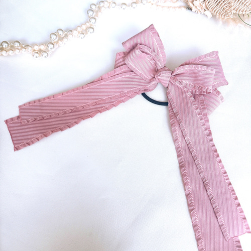 フリルリボン おしゃれピンクカラー ヘアゴム ポニーテールにも  