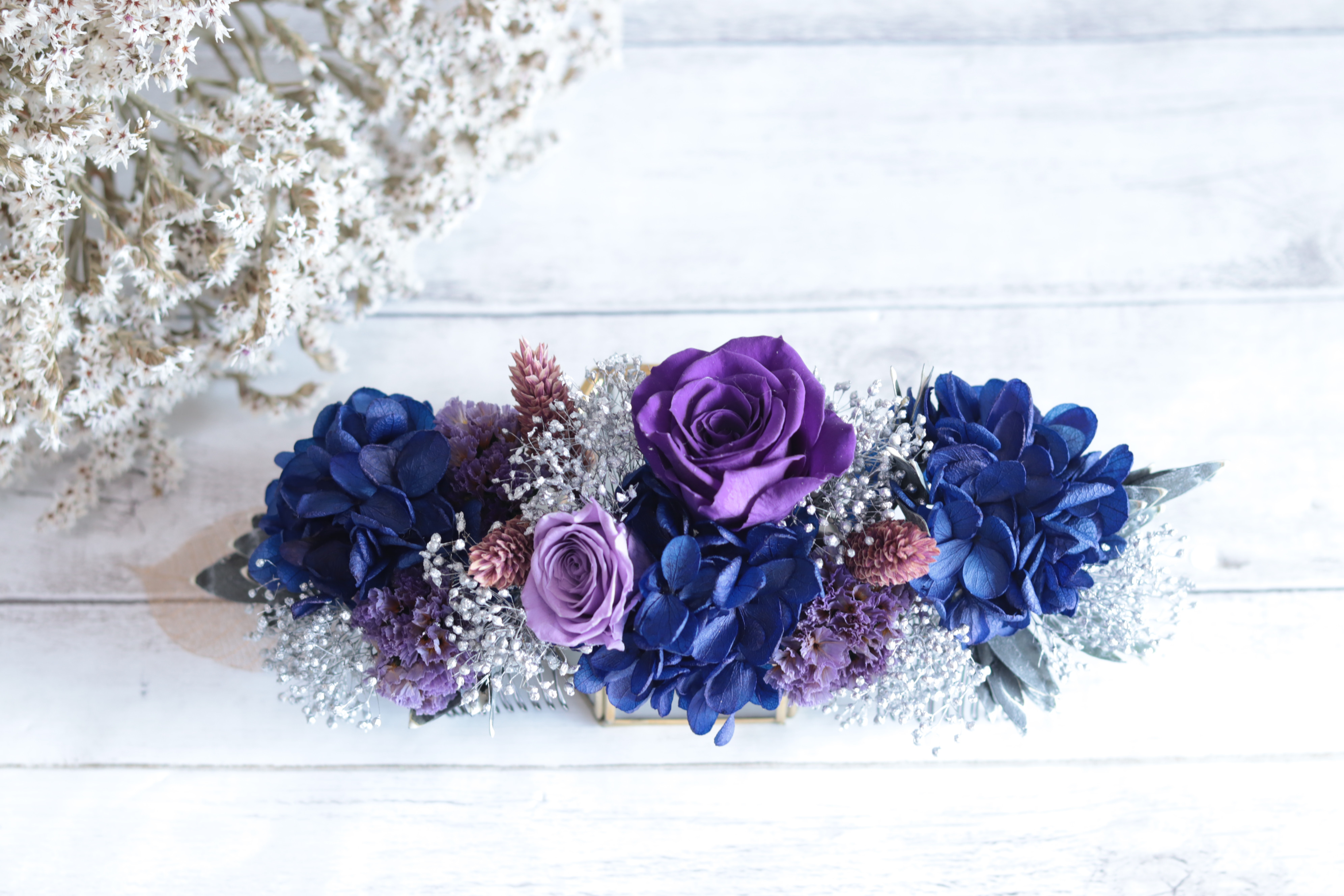 【ショートヘアさんに♪カラーオーダーＯＫ】バラ&ナチュラルフラワーのコームタイプのヘッドドレス＊プリザーブドフラワー        Ω