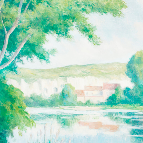 アンティーク 風景画 アートポスター セーヌ川風景 インテリア 緑 青