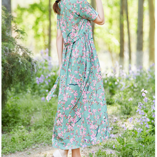 大人カジュアル 半袖花柄ワンピース グリーン 夏 受注制作 ワンピース