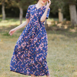 kagure かぐれ　2025年花柄シャツワンピース 半袖 ダークブルー 和柄 シャツカラーワンピース長袖Ⅱ ＜菊花と龍/紺＞ | 京友禅