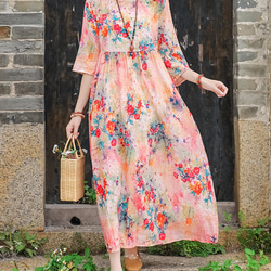 ゆったりワンピース 7分袖花柄ワンピース 夏 受注制作 旅行 ワンピース