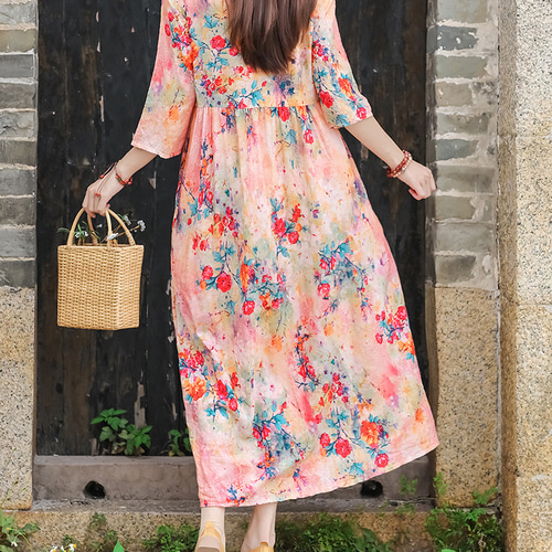 ゆったりワンピース 7分袖花柄ワンピース 夏 受注制作 旅行 ワンピース