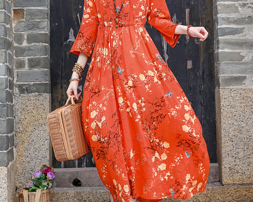 赤い花柄 七分袖Aラインワンピース ゆったりワンピース 7分袖花柄ワンピース 夏 受注制作 旅行 ワンピース