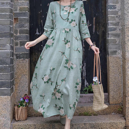 cabbagdes & roses 花柄 七分袖 ワンピース 7分袖花柄ワンピース ゆったりワンピース 綿麻ワンピース 受注