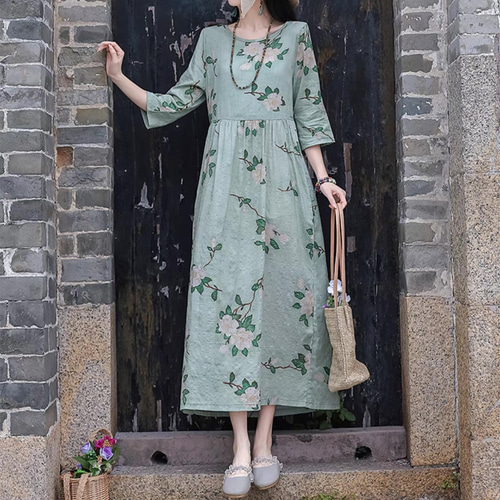 7分袖花柄ワンピース ゆったりワンピース 綿麻ワンピース 受注制作
