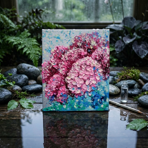 紫陽花、雨上がりのプレリュード［油彩画・原画］初夏のインテリア