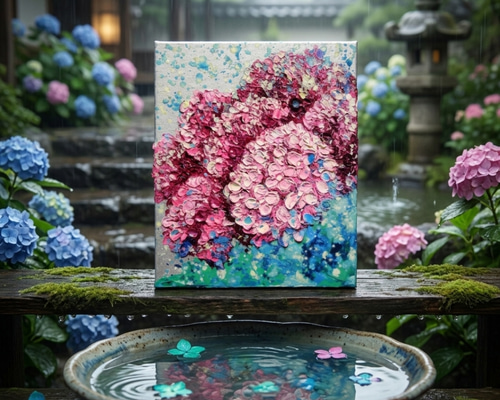 紫陽花、雨上がりのプレリュード［油彩画・原画］初夏のインテリア