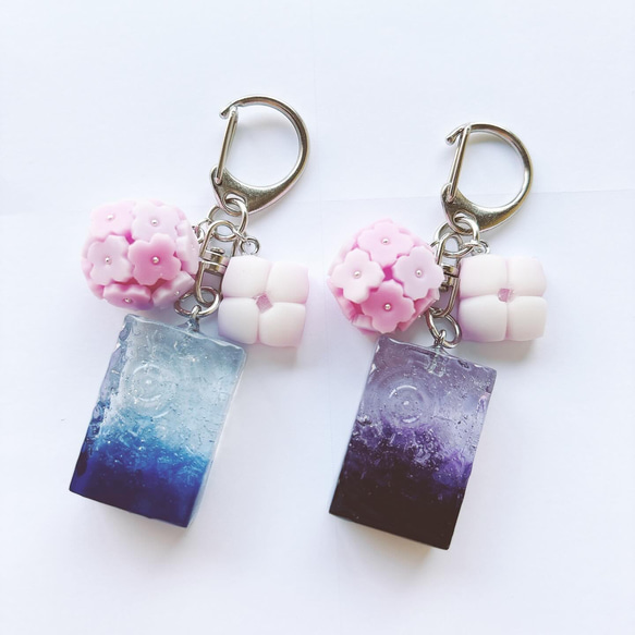 紫陽花の和菓子キーホルダー フェイクスイーツ 練り切り 樹脂粘土 レジン 2枚目の画像
