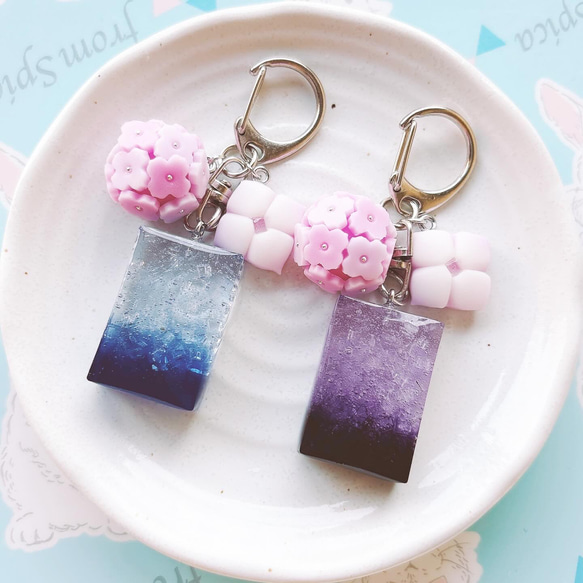 紫陽花の和菓子キーホルダー フェイクスイーツ 練り切り 樹脂粘土 レジン 3枚目の画像