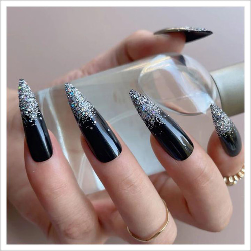 N392》既成ネイルチップ24枚セット 黒 ブラック 成人式 ギャル