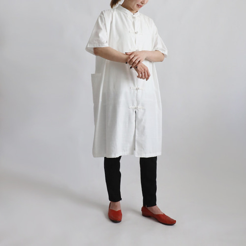 最終SALE ギマ擬麻コットン 花ボタン ロングシャツ