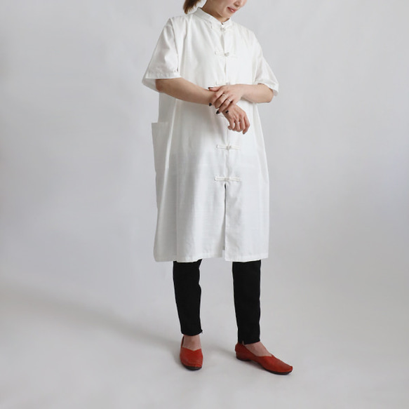 ラスト3最終SALE ギマ擬麻コットン 花ボタン ロングシャツ
