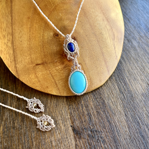 ラピスラズリ・ターコイズ のマクラメネックレス ラピスラズリ・ターコイズ のマクラメネックレス ターコイズと