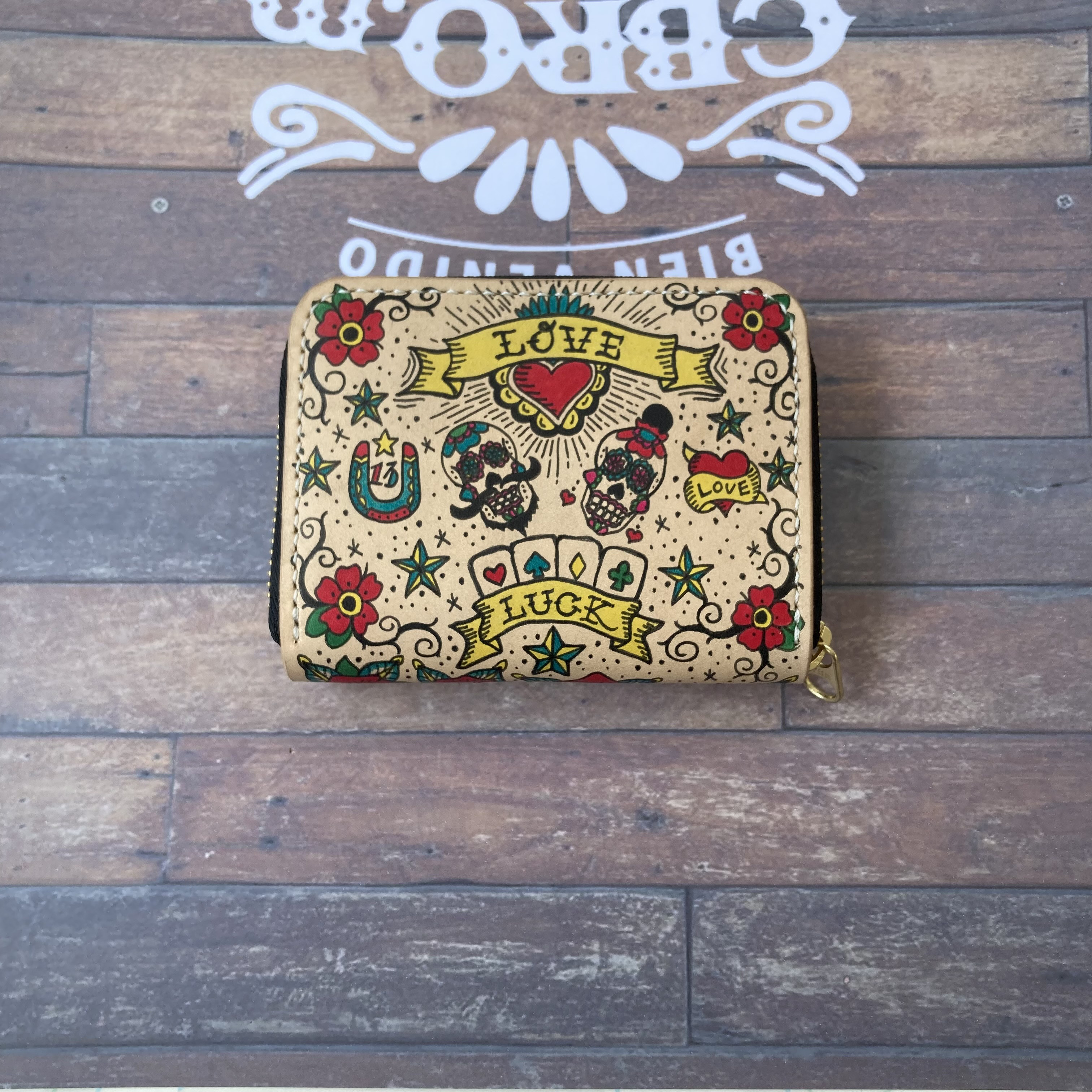 【受注生産】《タトゥー × レザー》ユニセックス　ミニ財布　コンパクト財布　アメトラ　オールドスクール　縁起物