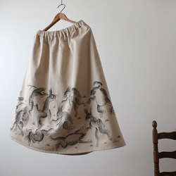 76cm 手描き 和画衣 鳥獣戯画 ギャザースカート フレア コットンチノ