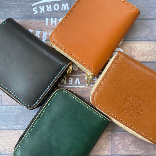 ユニセックスミニ財布 牛ヌメ革オレンジキャメル ショートウォレット