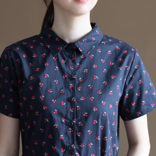 New.夏 100％コットンワンピース .綿ドレス s-XL 紺色サクランボ